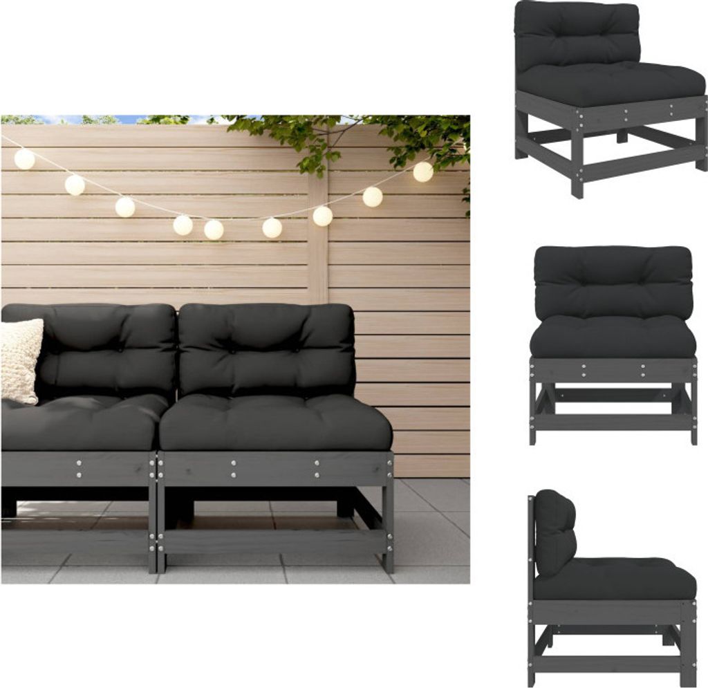 vidaXL Mittelsofa mit Kissen Grau Massivholz Kiefer - Gartensofaelemente