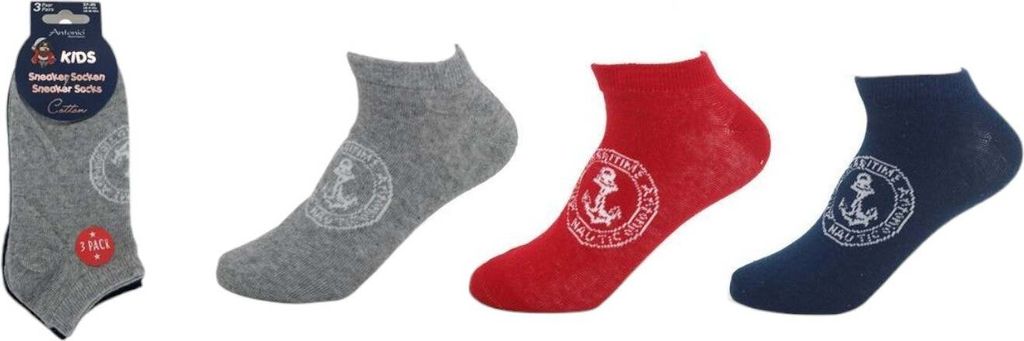 Kinder Sneaker 3er Pack » Socken Maritim Style » 3 Paar Kindersocken » Wollsocken: Anker / 35-38