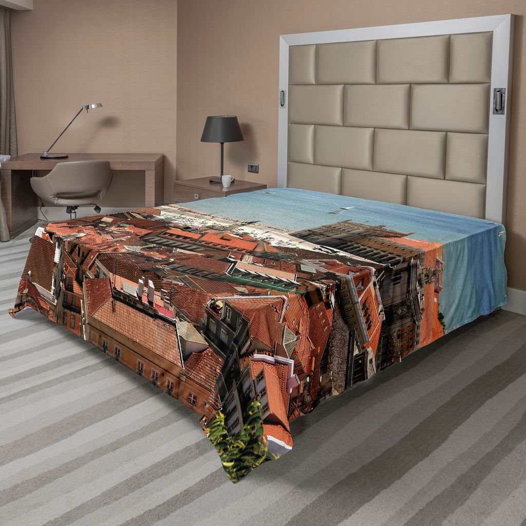 ABAKUHAUS europäisch Bettlaken, Ansicht Von Zentralem Portugal Mit Dachspitzen Meer Alte Stadt Nostalgisch Stadt, weiches bequemes oberes Bettlake...