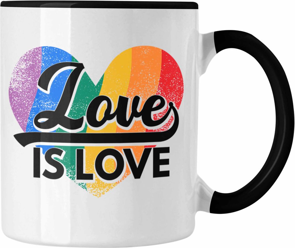 Trendation - LGBT Tasse Geschenk für Schwule Lesben Transgender Regenbogen Lustige Grafik Regenbogen Love Is Love (Schwarz)
