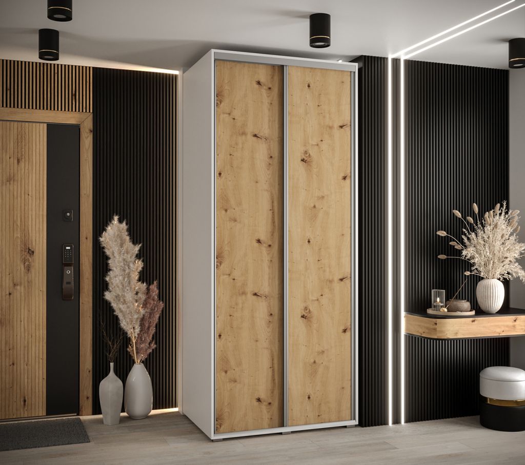 Kleiderschrank YVONA 1 – 110/60 cm, weiß/Eiche handwerklich/silber