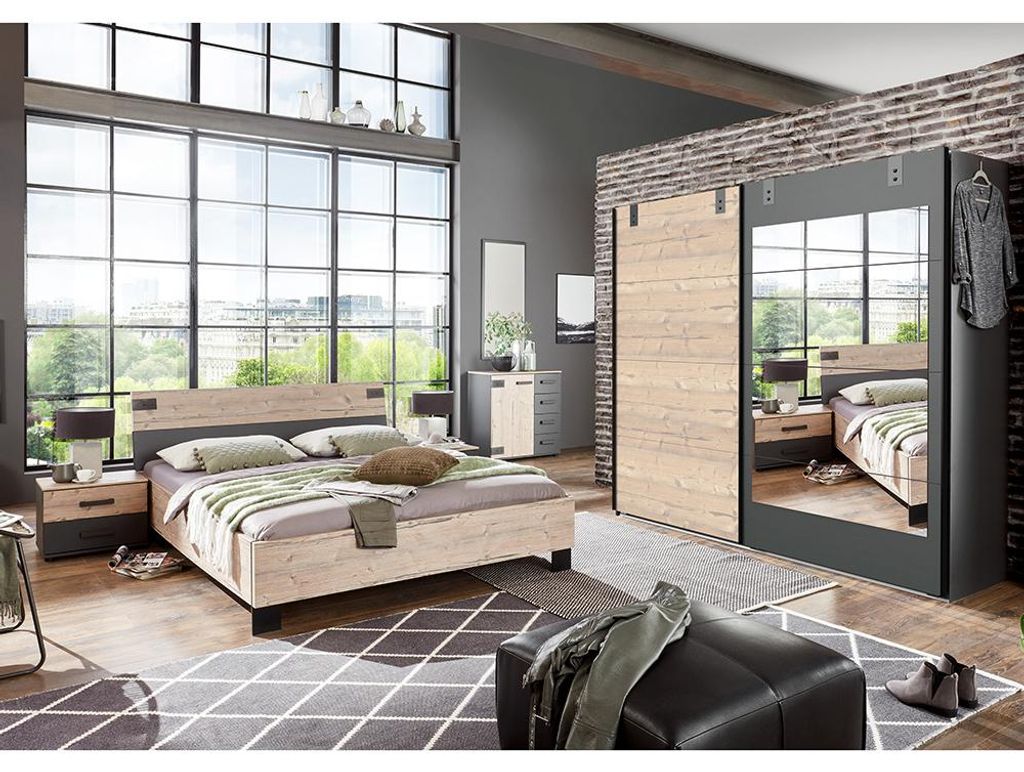Schlafzimmer-Set mit Bett 180x200 cm & Schwebetürenschrank in Holzdekor mit graphit, 6-teilig - MONTELLA-43