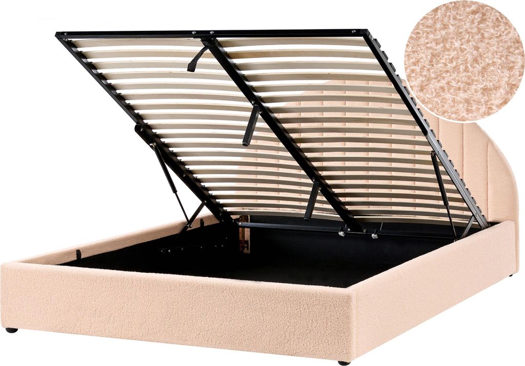BELIANI Polsterbett Pfirsichrosa Bouclé-Stoffbezug mit Bettkasten Lattenrost 160x200cm Hochklappbar Hohes Kopfteil Gesteppt Schlafzimmer Doppelbett