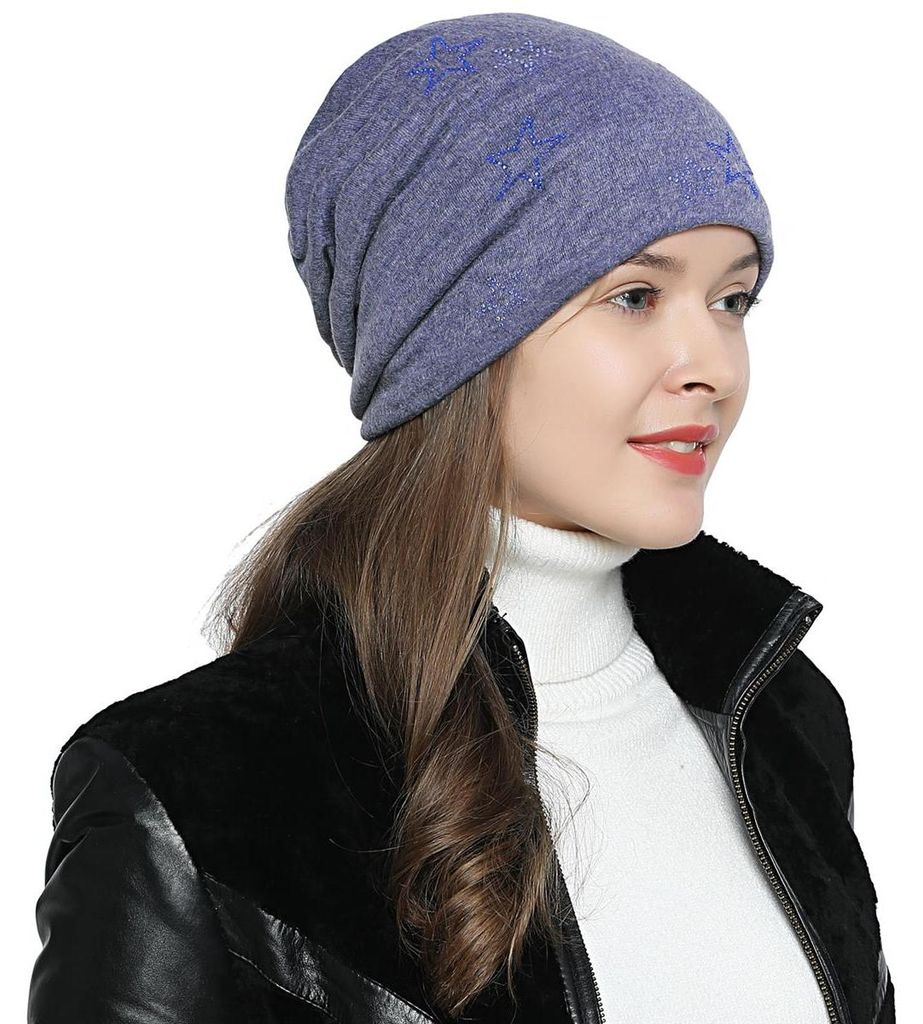 Damen Wintermütze gefüttert Slouch Beanie - mit Glitzersteine hellblau blau