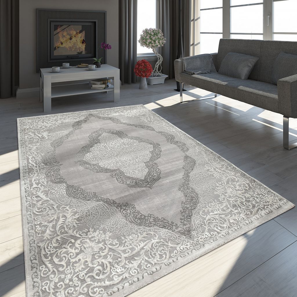 Teppich Orientteppich 100% Schurwolle Klassisch Creme Grau 5 Größen Wohnzimmer 