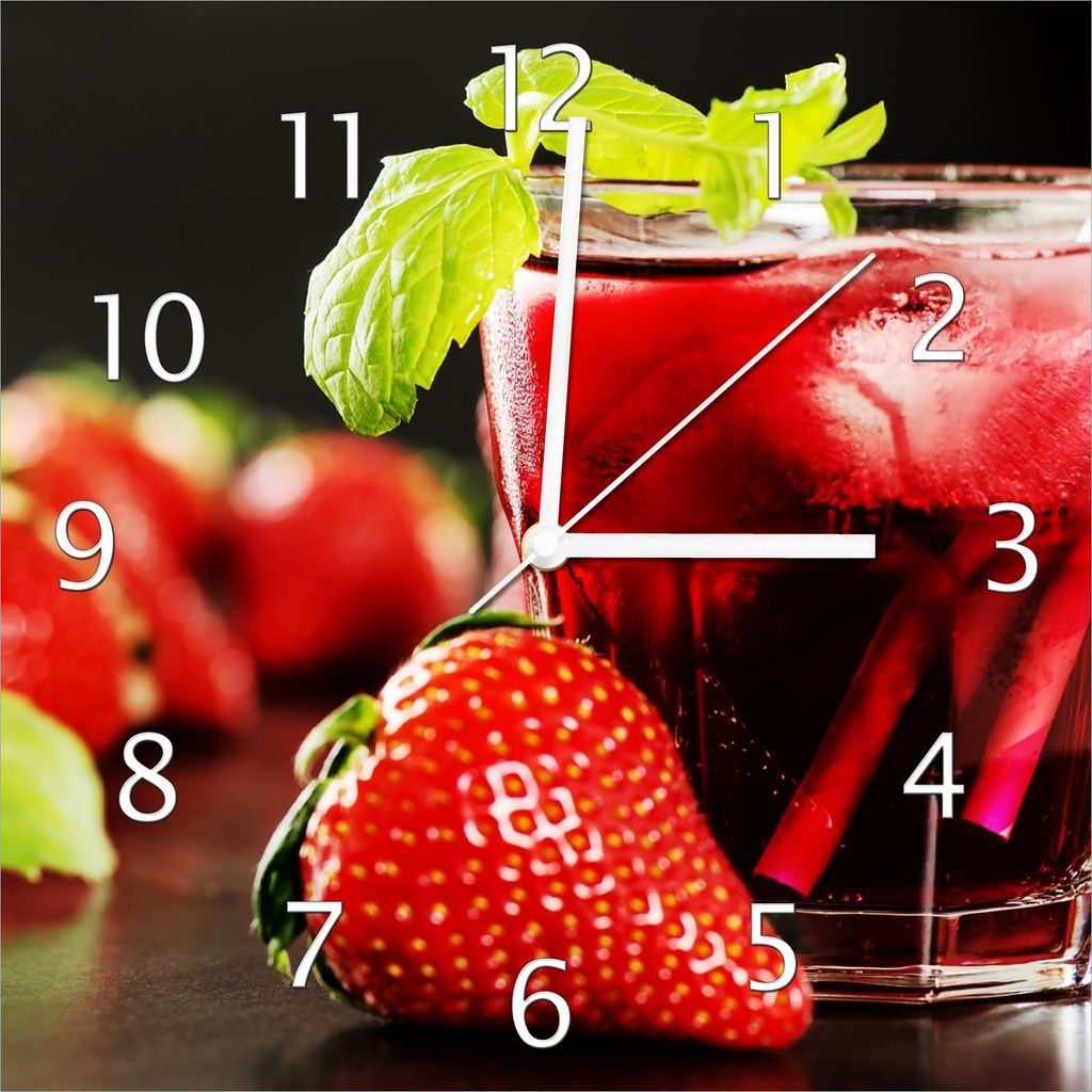 Wallario Design Wanduhr Erdbeer-Mojito - Frische Erdbeeren aus Echtglas, Größe 30 x 30 cm