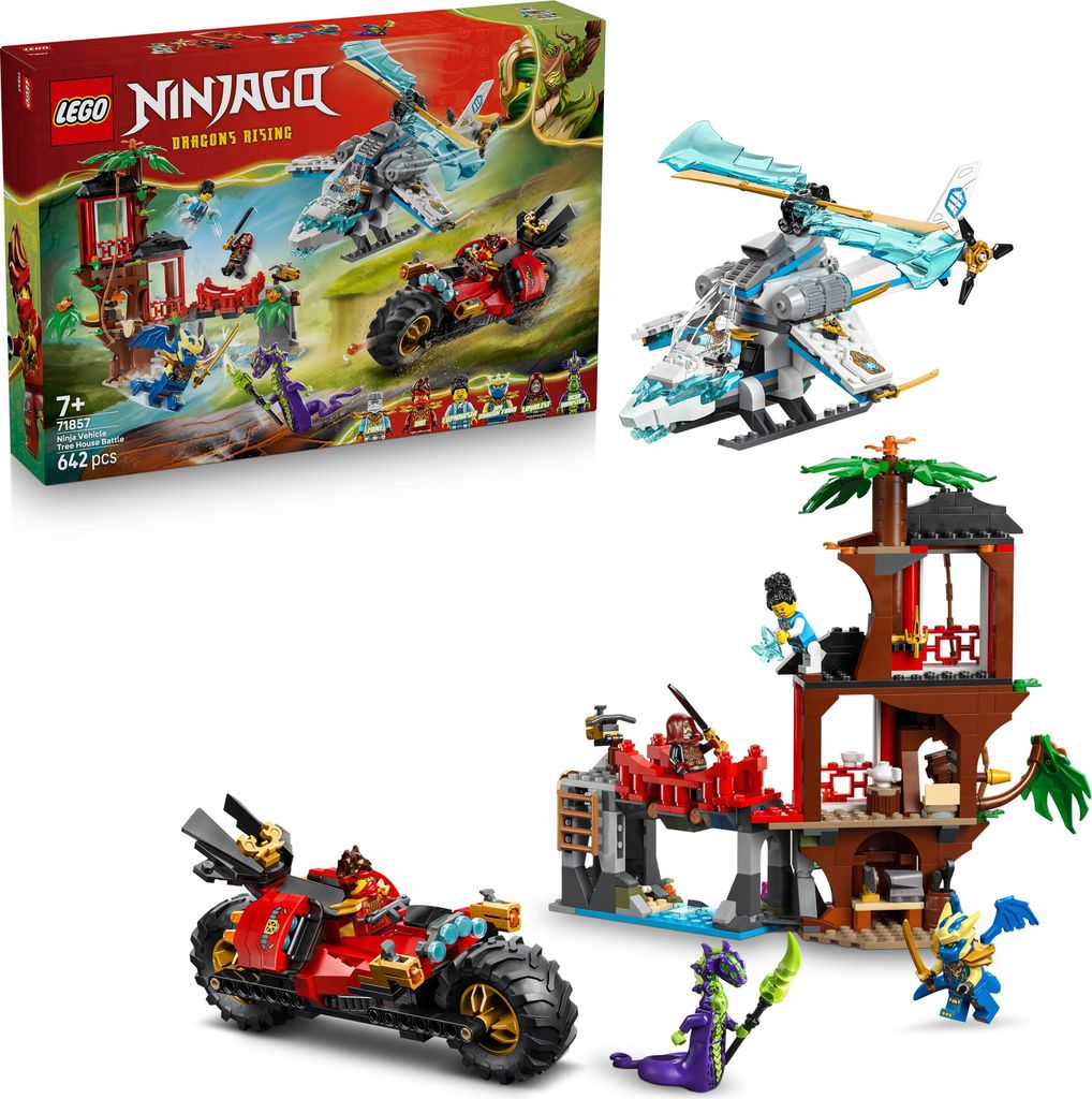 LEGO NINJAGO Showdown am Baumhaus mit dem Ninja-Bike - Action Spielzeug mit Motorrad, Hubschrauber, 6 Minifiguren und Schwertern - Geschenk für Ju...