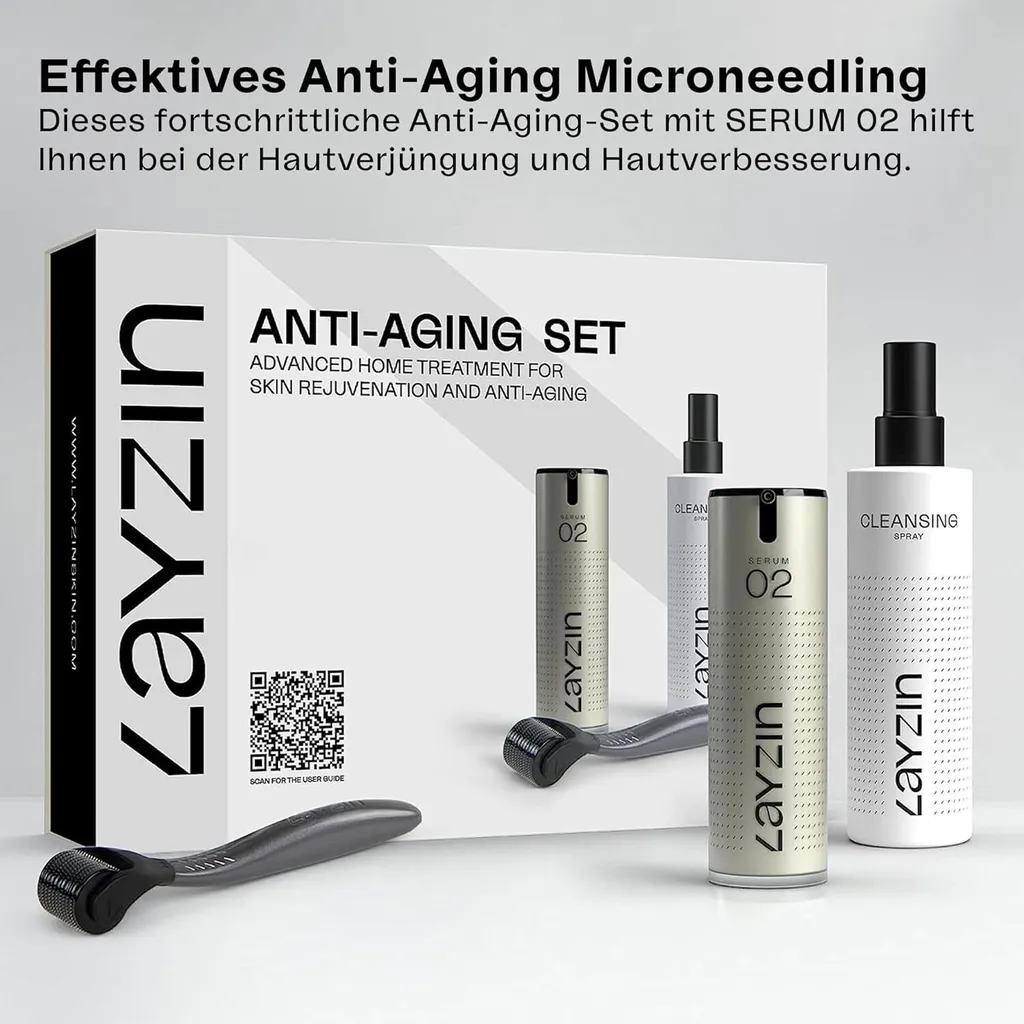 LAYZIN Anti-Aging Microneedling Set | per viso, collo, décolleté e mani | set composto da dermaroller 0,55 mm con testina microneedle, spray detergente e SERUM 02