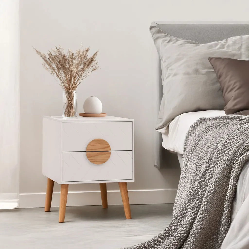 Petite commode de nuit blanche et table d'appoint design bois chevrons - 8