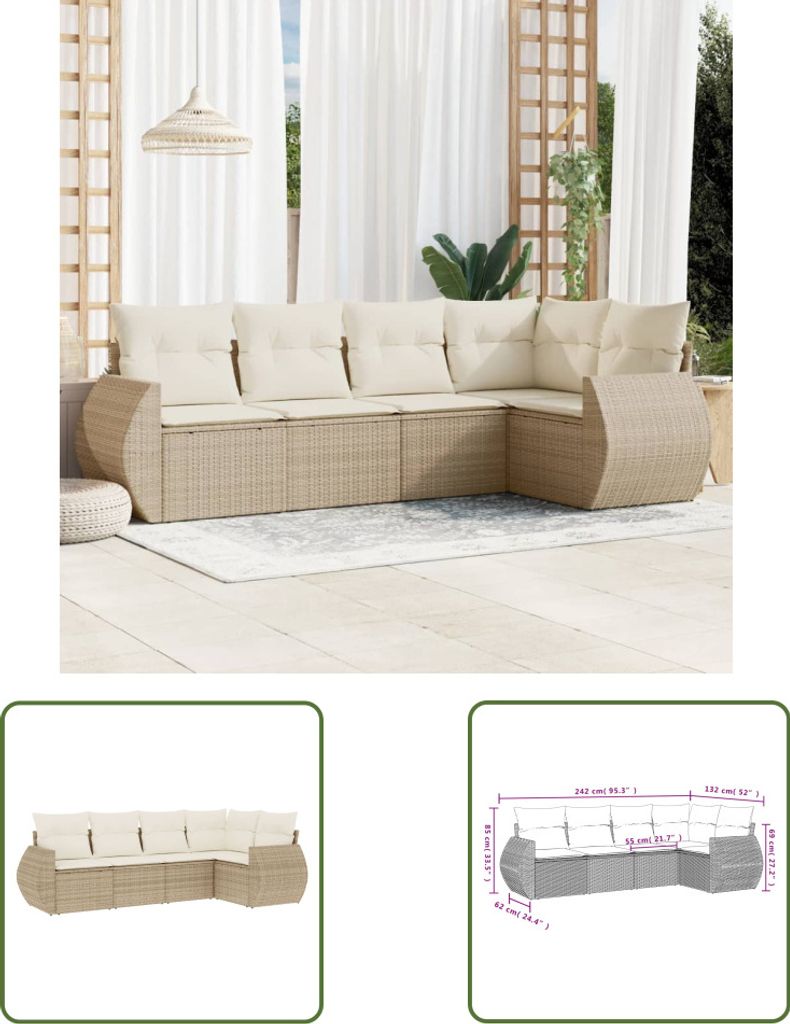 The Living Store 5-tlg. Garten-Sofagarnitur mit Kissen Beige Poly Rattan