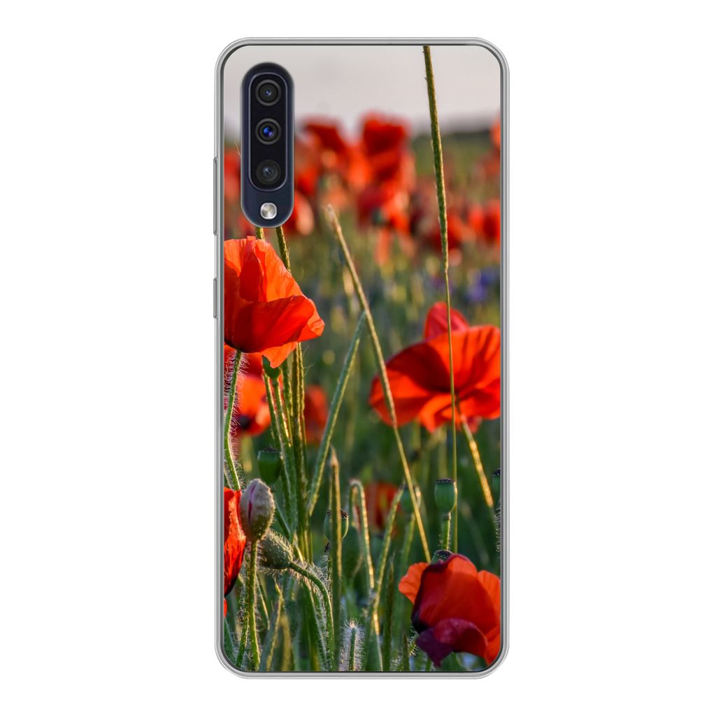 MuchoWow Handyhülle Schutzhülle Hülle für Samsung Galaxy A30s Blumen - Mohnblumen - Natur - Rot Silikon Softcase Handy Hülle - Karteninhaber