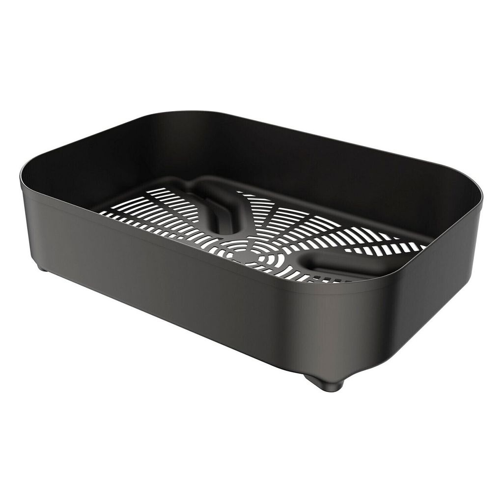 A black crisper basket for a grill.