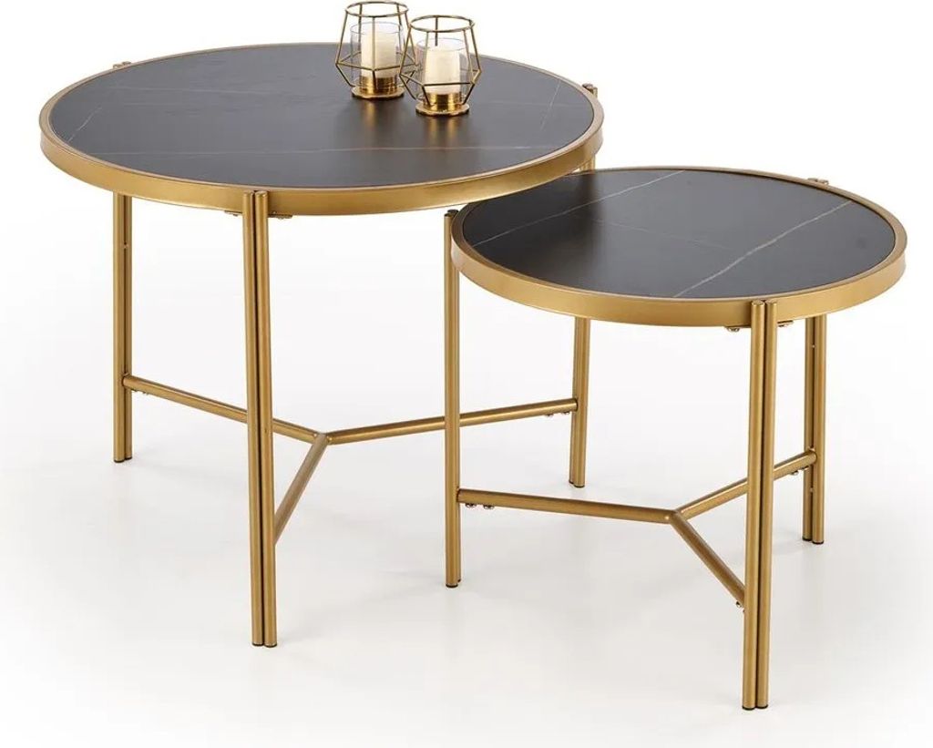 Two nesting tables with black marble tops and gold metal frames, displayed on a white background.