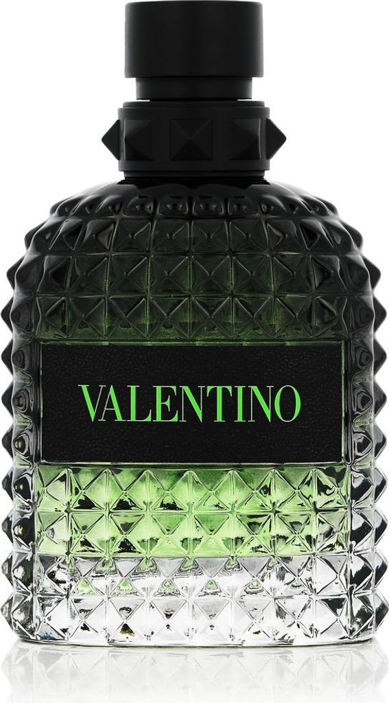 A bottle of Valentino Uomo Born In Roma Green Stravaganza Eau de Toilette for men.