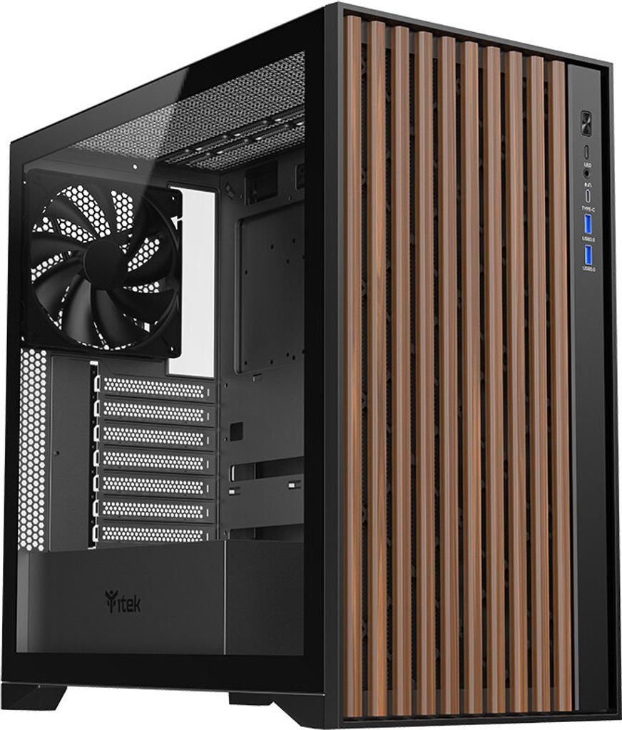 itek WOODY PC-Gaming-Gehäuse ATX Tower Schwarz Holz und gehärtetes Glas ITGCAWO28B