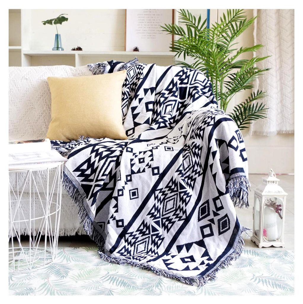 Überwurfdecke im Bohemian-Stil mit geometrischen Quasten, schwarz-weiß, gestrickt, für extra große Sessel, Couch und Bett, 230 x 340 cm