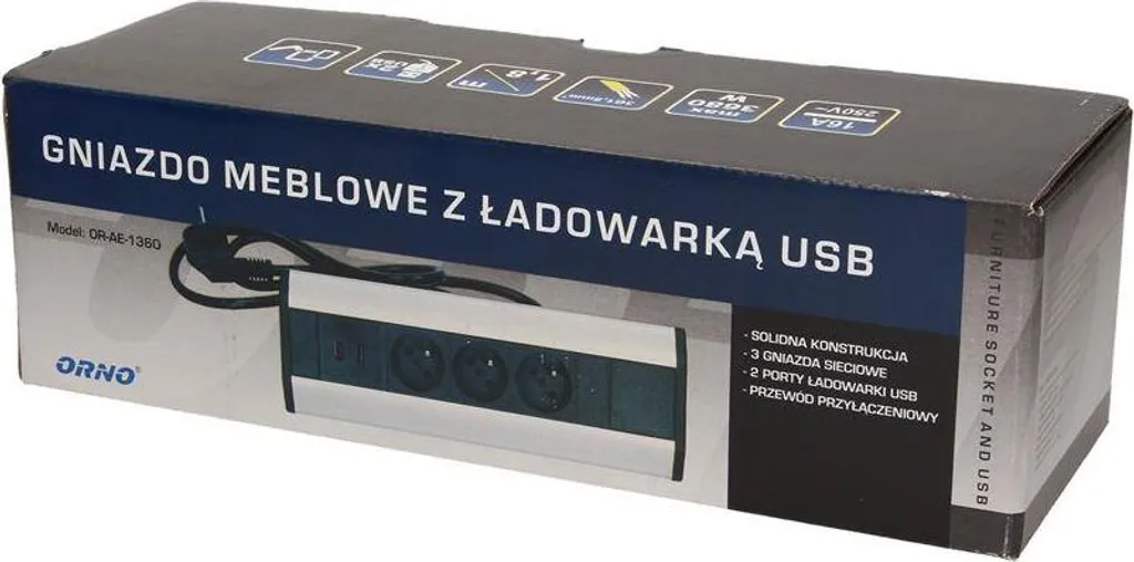 Multiprise d'angle design avec câble 1.8m et double chargeur USB intégré - 2