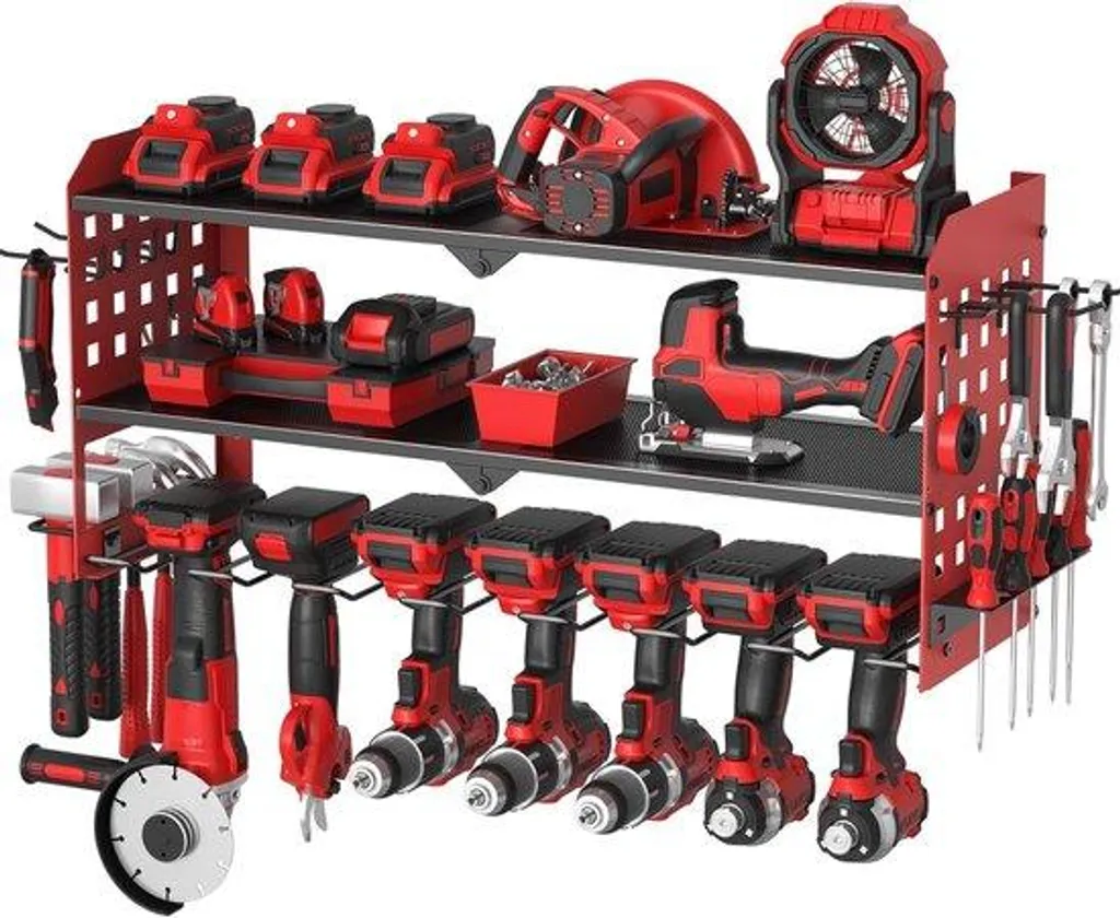 Support outils électriques 7 emplacements en acier rouge avec 3 niveaux