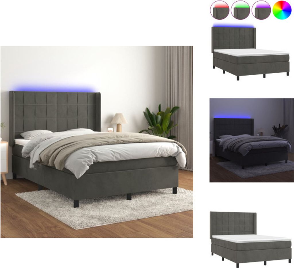 vidaXL Boxspringbett mit Matratze & LED Dunkelgrau 140x190 cm Samt - Betten & Bettgestelle