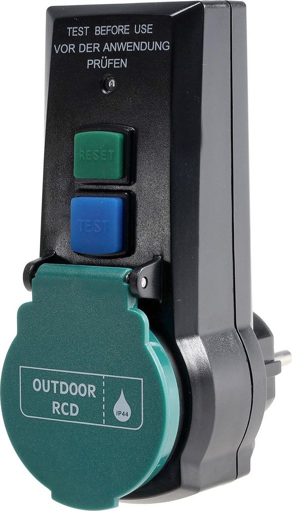 A close-up studio shot of an outdoor RCD plug adapter.