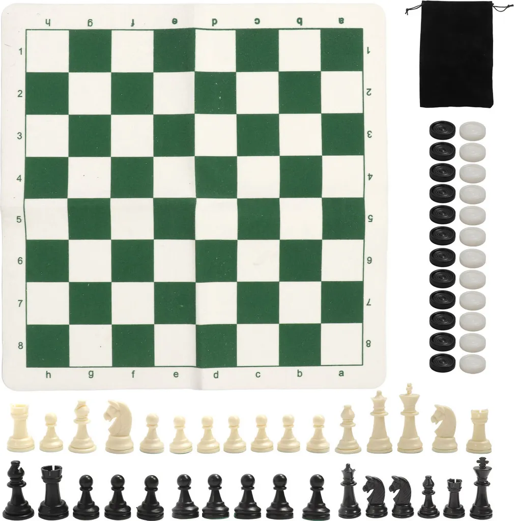 Jeu d'échecs pliable vert et blanc avec 24 pièces de dames pour transport