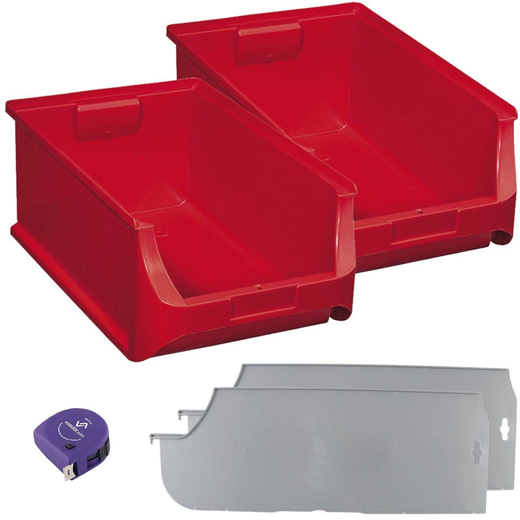 vasalat Stapelboxen 500x310x200mm Gr.5, Sichtlagerboxen für Werkstatt Garage und Lager, Kunststoff rot, 2x Sichtlagerkästen + 2x Trennsteg