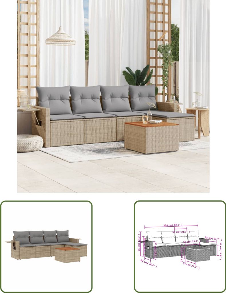 The Living Store 6-tlg. Garten-Sofagarnitur mit Kissen Beige Poly Rattan