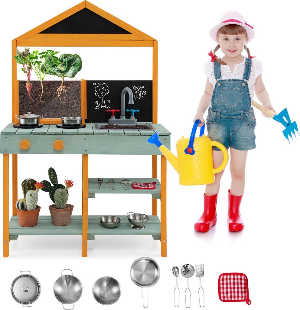 COSTWAY Kinderküchen-Spielset, Outdoor-Schlammküche mit Pflanzgefäß, drehbarem Wasserhahn & abnehmbarem Waschbecken, für Kinder ab 3 Jahren
