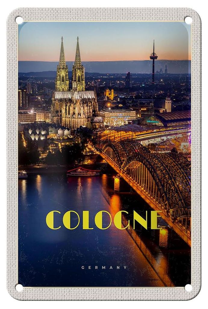 Blechschild Reise 12x18cm Köln Stadt Abend Aussicht Brücke Dom Schild