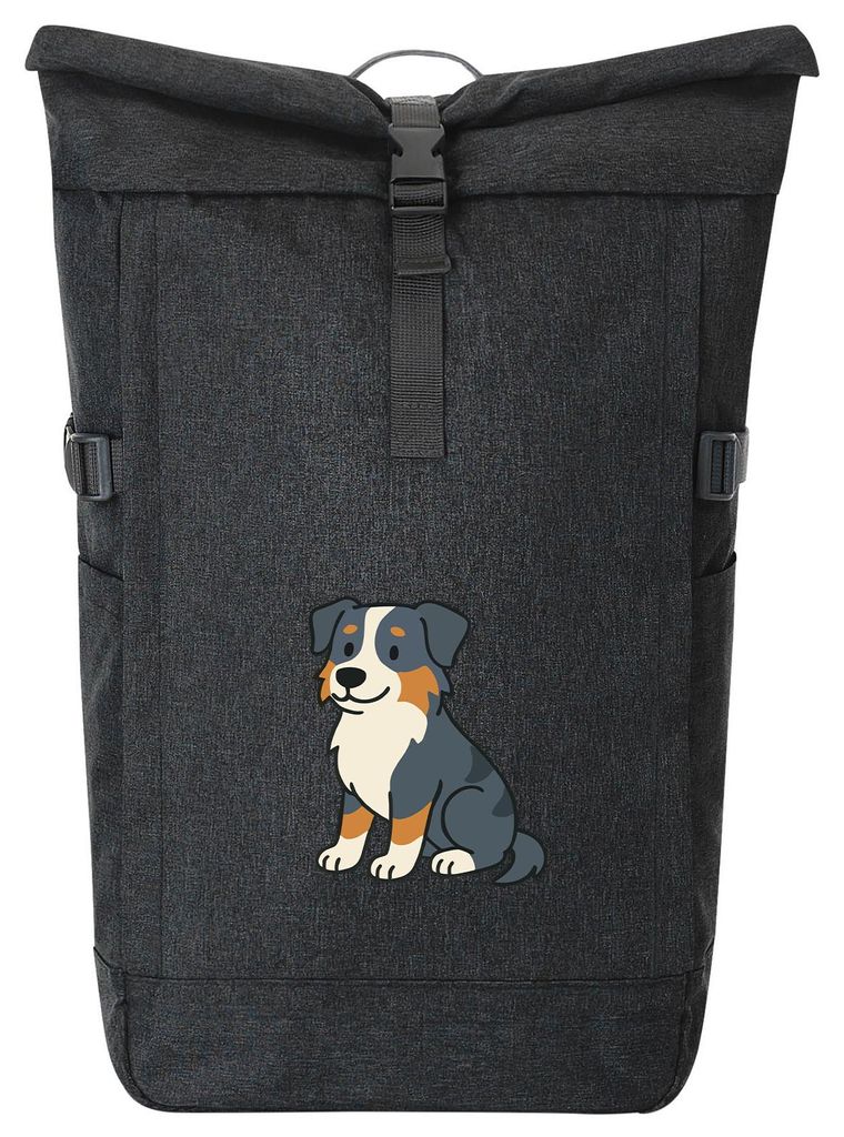 Huuraa Kurierrucksack Australian Shepherd Aussie Comic 30-44 Liter Black Melange Fairtrade Rolltop Rucksack Geschenkidee