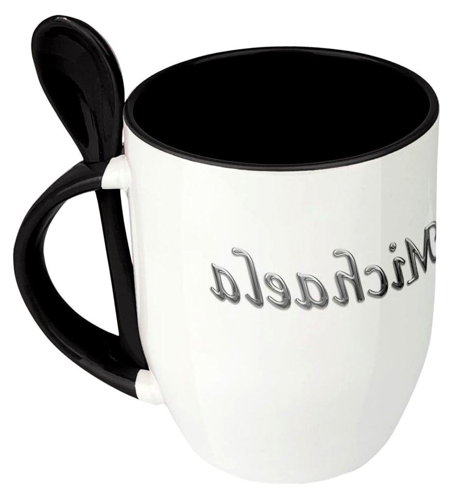 Namenstasse Michaela - Löffel-Tasse mit Namens-Motiv Chrom-Schriftzug - Becher, Kaffeetasse, Kaffeebecher, Mug - Schwarz