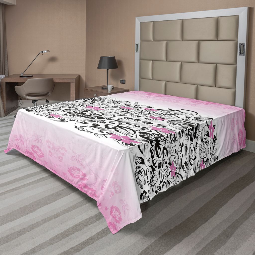 ABAKUHAUS Schwarz und Pink Bettlaken, Curly Romantische Blumen in Pinkish Farbe, Muster,, weiches bequemes oberes Bettlaken für ein dekoratives Be...
