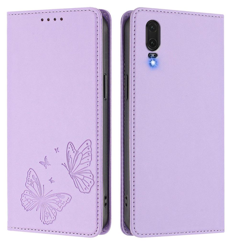Lederhülle für Huawei P20, Schmetterling Prägung Leder Brieftasche Schutzhülle mit Ständer Violett