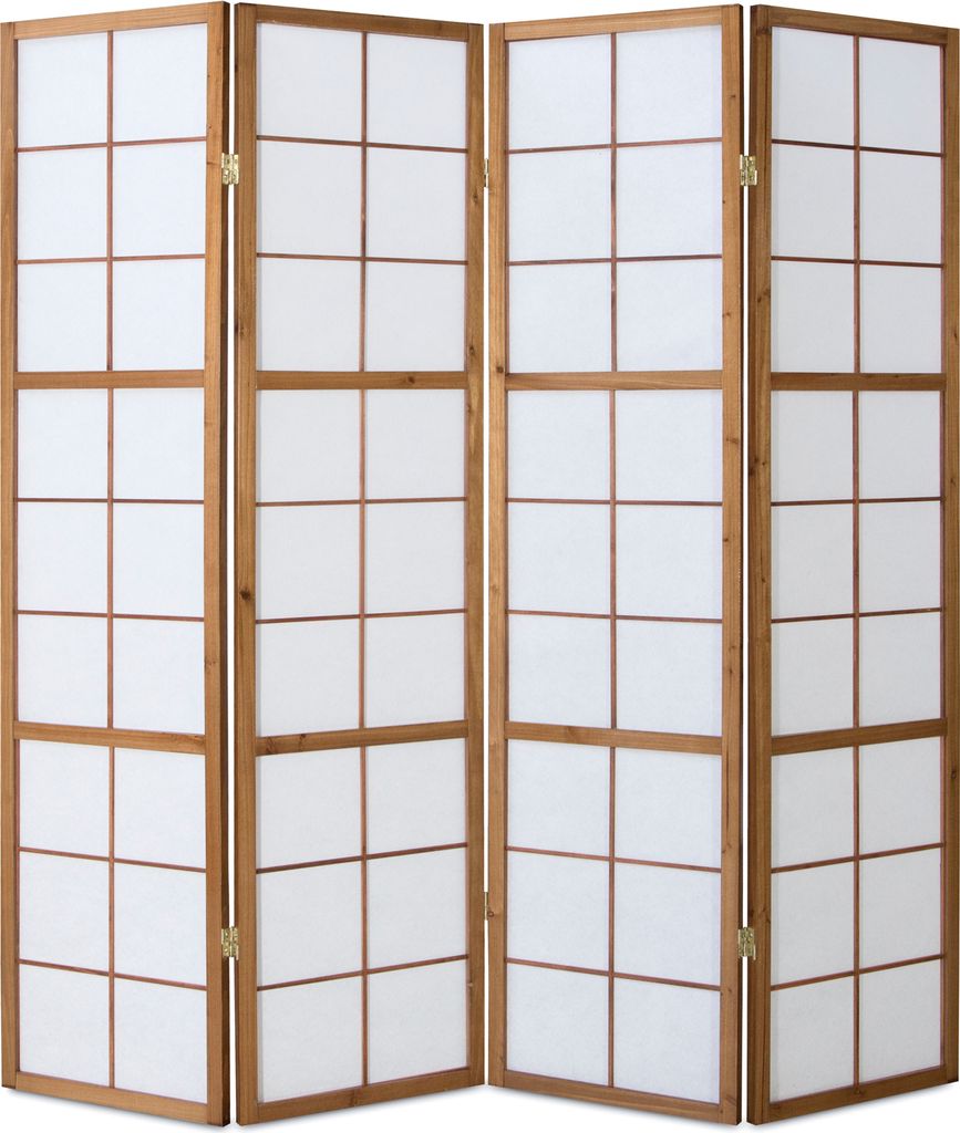 A four-panel room divider with a wooden frame and white paper inserts, presented against a white background.