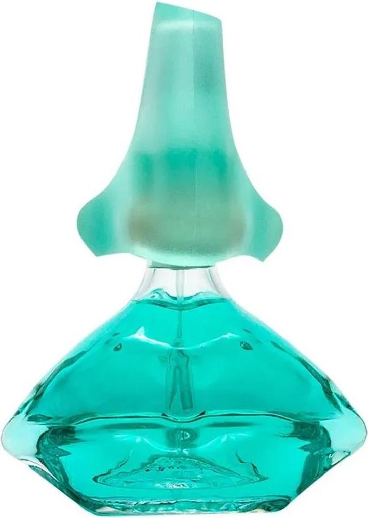 A perfume bottle with teal liquid and a unique green cap.