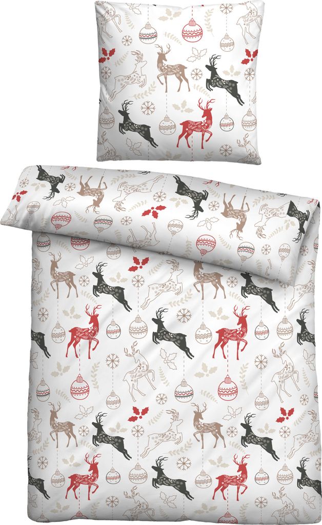 biberna Feinbiber Bettwäsche 0006734 HIRSCHE WEIHNACHTEN color: weiss, size: 1x 135x200 cm + 1x 80x80 cm