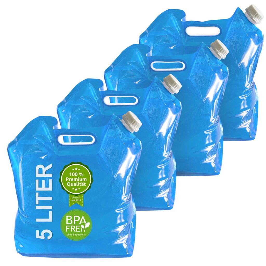 plasteo 4 Stück Wasserkanister 5 Liter faltbar – BPA-frei – Trinkwasserbehälter – Camping, Festival, Garten, Notvorrat, für Wohnmobil, Pic...