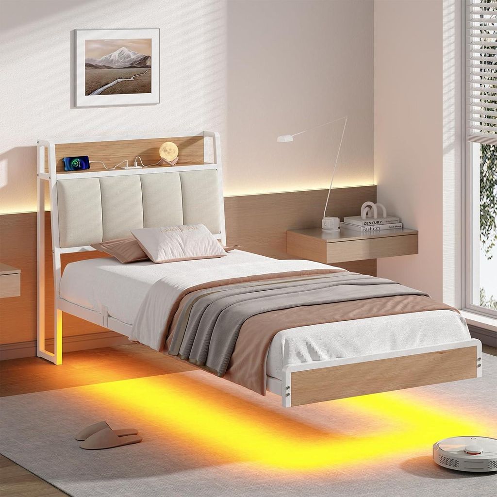 KIMENICH Polsterbett 90 x 200cm, Bettgestell mit USB Ladefunktion und LED-Beleuchtung, Schwebender visueller Effekt, Weiß