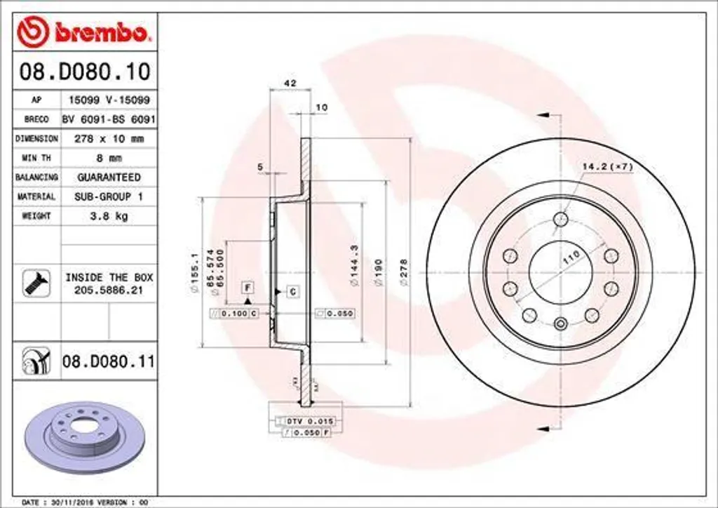 Disque de frein arrière pour Opel Astra H et Zafira B - Brembo 08.D080.11