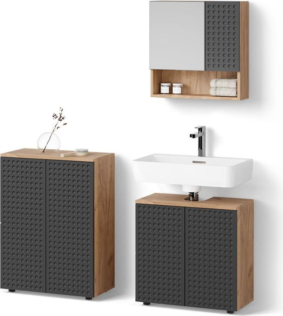 Badmöbel-Set Livinity Ronco Anthrazit gepunktet 3 Teile, mit Unterschrank 60 cm, Model 53073