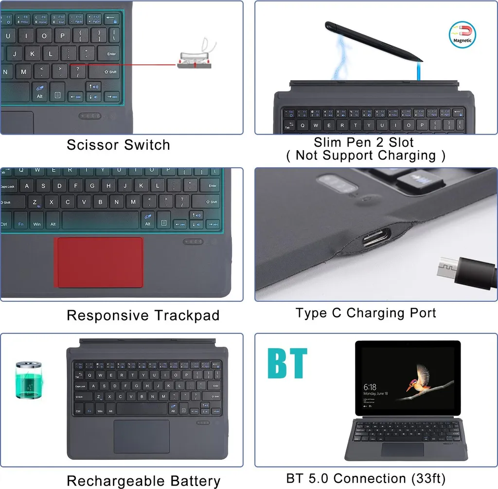 Clavier Portable Bluetooth avec Étui Cuir pour Surface Go 1 2 3 Ergonomique