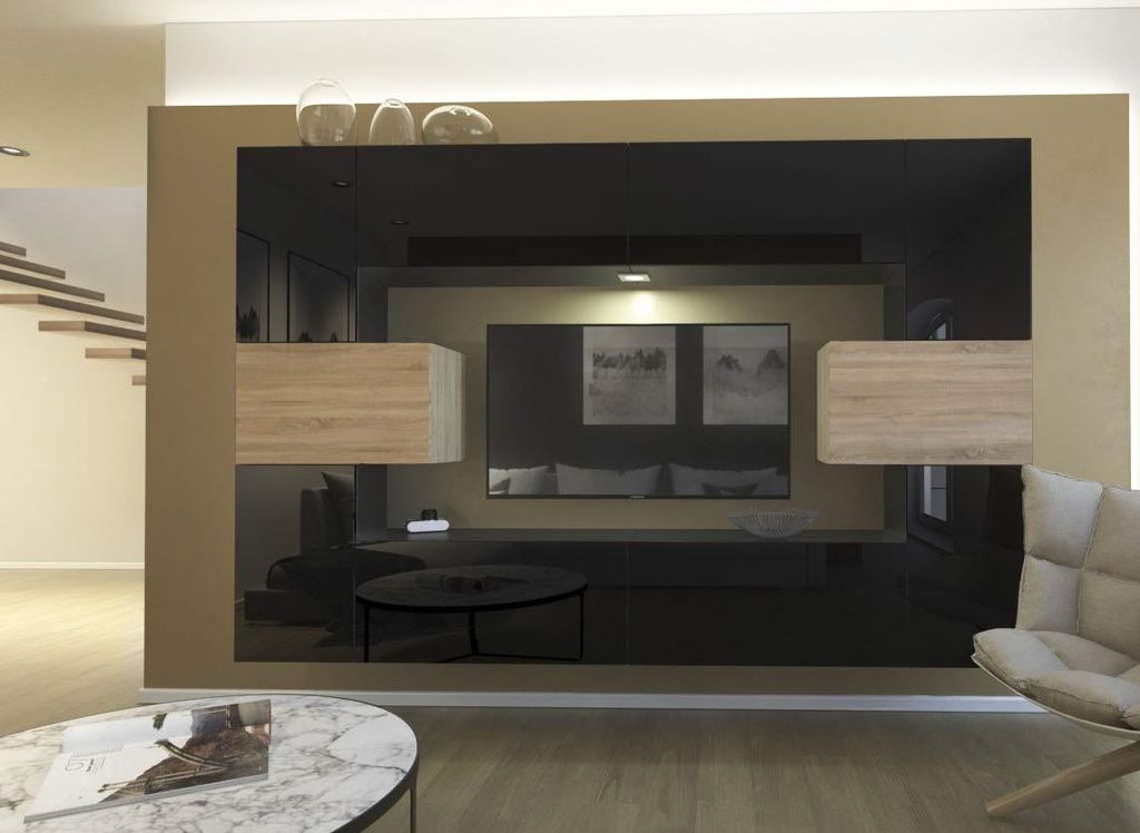Furnitech Wohnwand Wohnzimmer - Wohnzimmer Möbel mit LED Blau - Hängend Wohnwand Modern - Regale und TV Schrank (Monaco AN4-17BS-HGM30 1A)