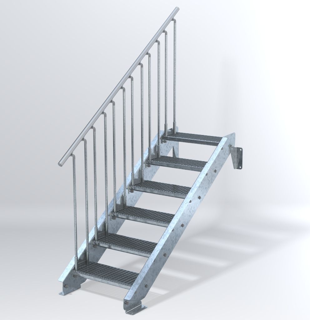 Stahltreppe 6 Stufen bis Höhe 120 cm, Laufbreite : 60 cm Geländer links ST 3 (31 / 9 mm schmal)