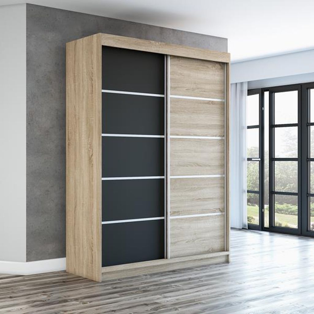 Schwebetürenschrank, 2-türig Schrank PARIS 160 cm (mit Spiegel) (Sonoma / schwarz / sonoma)