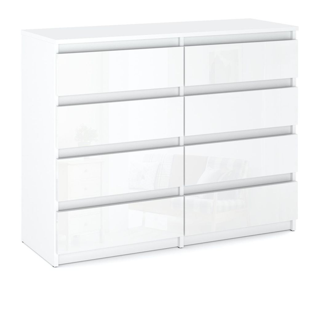 A white dresser with eight drawers against a white background.