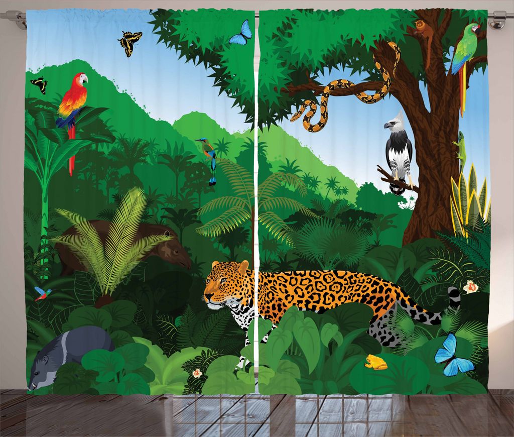 ABAKUHAUS Jaguar Rustikaler Gardine, Exotische Vögel mit Schlangen, Schlafzimmer Kräuselband Vorhang mit Schlaufen und Haken, 280 x 225 cm, Mehrf...