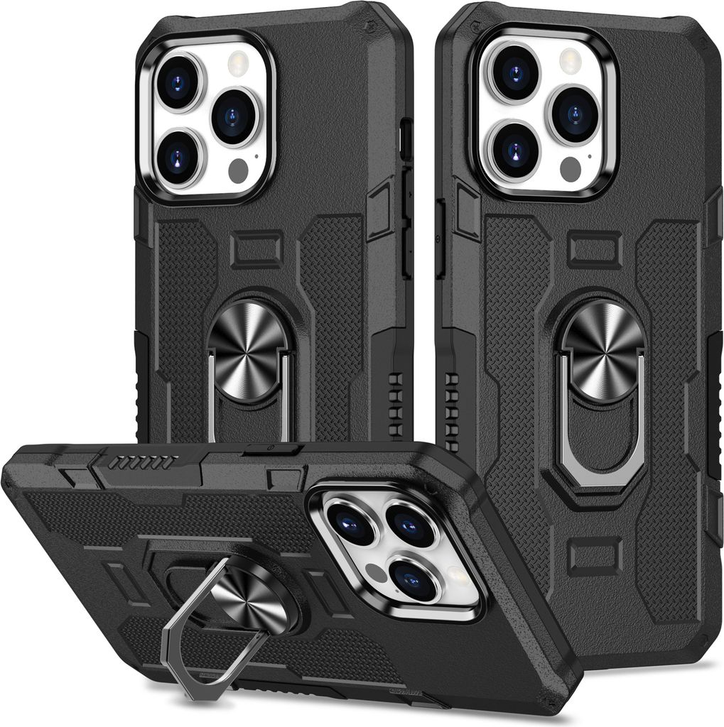 iPhone 15 Pro Hülle, Dual Layer Robuste Rüstung Ringhalter Ständer Schutzhülle für iPhone 15 Pro Schwarz
