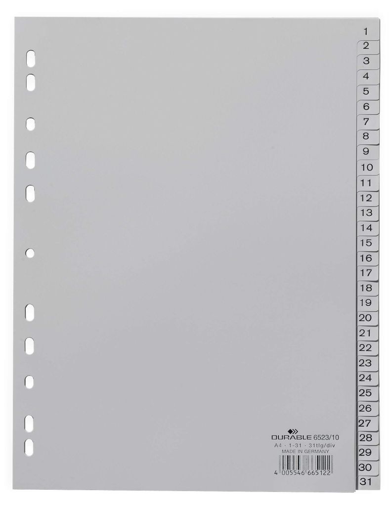 DURABLE Register A4 31-tlg. 1-31 geprägt PP, 652310 grau Produktbild 