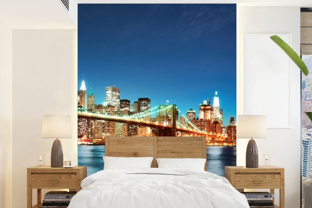 MuchoWow Fototapete für Wohnzimmer oder Schlafzimmer Wandtapete Vinyl Motivtapete New York - Brücke - Architektur - Brooklyn - Licht - 165x220 ...