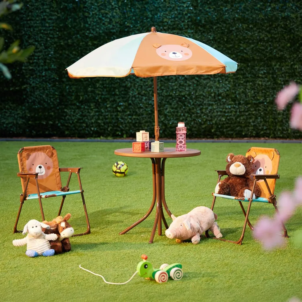 Salon de jardin enfant 4 pièces avec table et parasol pliable pour balcon